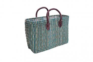 Korbtasche Seegras eckig grün gestreift mit Echtlederhenkel 38cm 